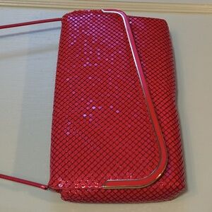 Women's Envelop Clutch Shoulder Bag Purse Red Gold Mesh